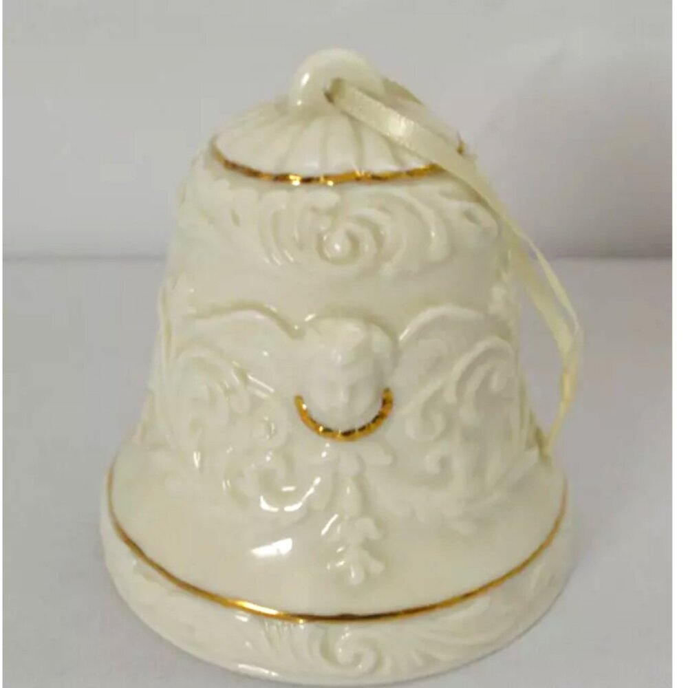NWOT Vintage Porcelain Christmas Ornament Bell Ivory Gold Trim with Angel design